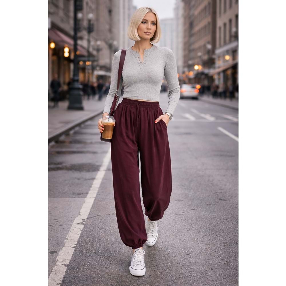 Bohem Rahat Kesim Lastik Paçalı Jogger Pantolon - BORDO - L