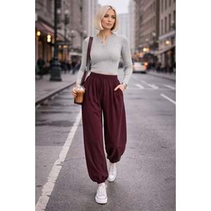 Bohem Rahat Kesim Lastik Paçalı Jogger Pantolon - BORDO - L