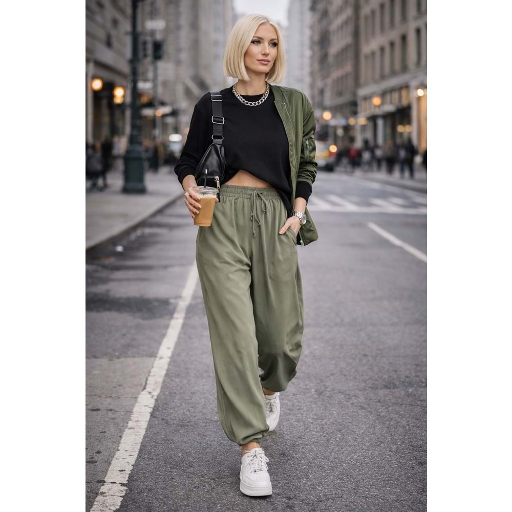 Bohem Rahat Kesim Lastik Paçalı Jogger Pantolon - HAKİ - L