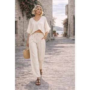 Keten V Yaka Yarasa Kol Crop Bluz Ve Rahat Kalıp Pantolon İkili Takım - KREM - L