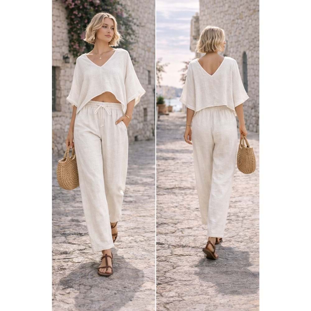 Keten V Yaka Yarasa Kol Crop Bluz Ve Rahat Kalıp Pantolon İkili Takım - KREM - L