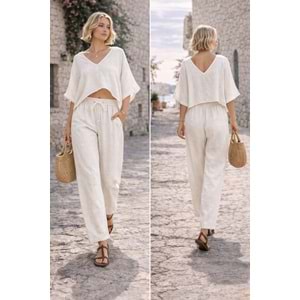 Keten V Yaka Yarasa Kol Crop Bluz Ve Rahat Kalıp Pantolon İkili Takım - KREM - L
