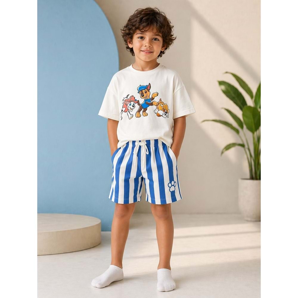 Erkek Çocuk Sevimli Köpekler Baskılı Alt Üst Takım T-Shirt - Şort - AÇIK MAVİ - 2-3 YAŞ