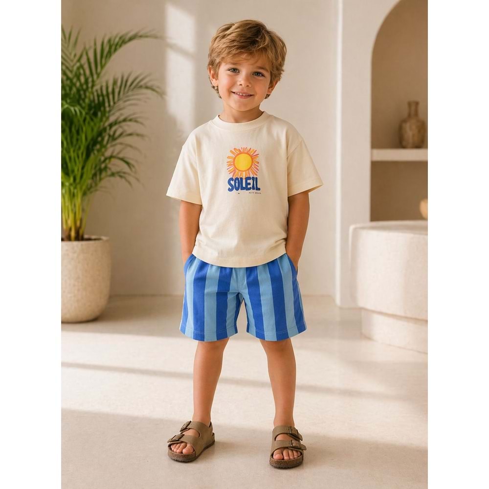 Yeni Sezon Çizgili Şortlu Alt Üst Takım Rahat Kesim Blue Breeze - AÇIK MAVİ - 2-3 YAŞ