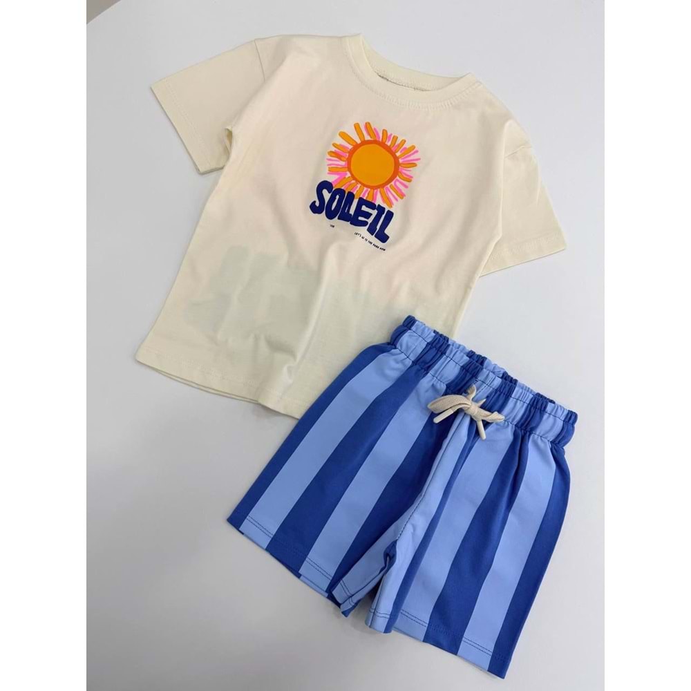 Yeni Sezon Çizgili Şortlu Alt Üst Takım Rahat Kesim Blue Breeze - AÇIK MAVİ - 2-3 YAŞ