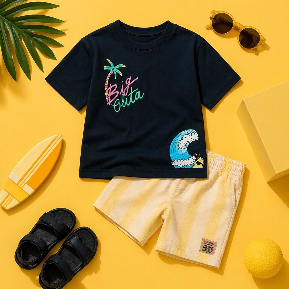 Big Olita Surf Palmiye Baskı Desen Sırt Detay Alt Üst Takım - SİYAH - 2-3 YAŞ