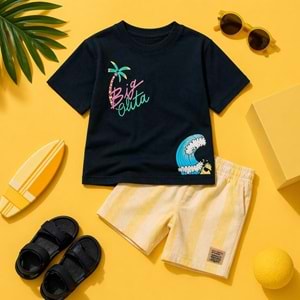 Big Olita Surf Palmiye Baskı Desen Sırt Detay Alt Üst Takım - SİYAH - 2-3 YAŞ