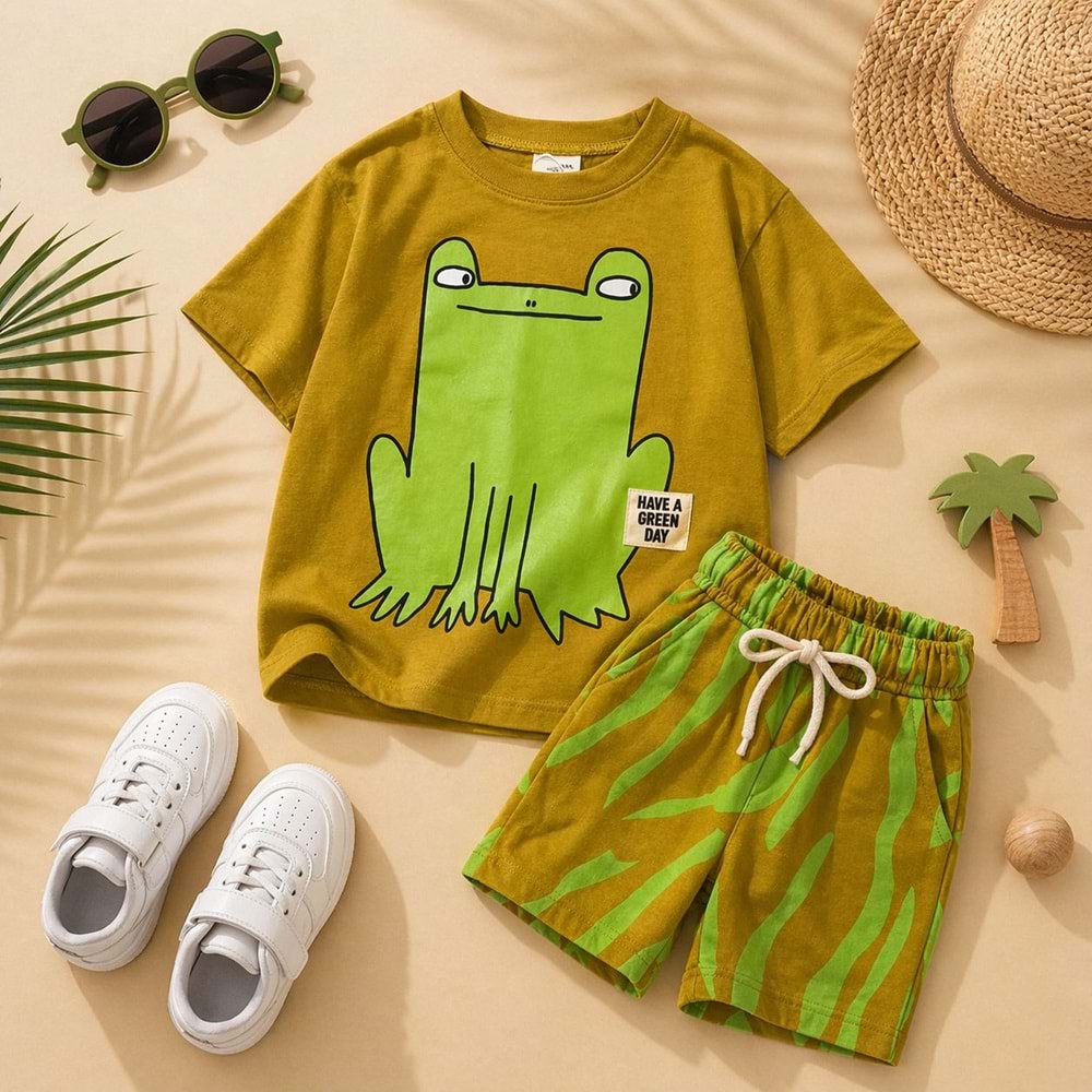 Sunny Frog Summer Set Sevimli Kurbağa Relaxed Alt Üst Takım - YEŞİL - 2-3 YAŞ