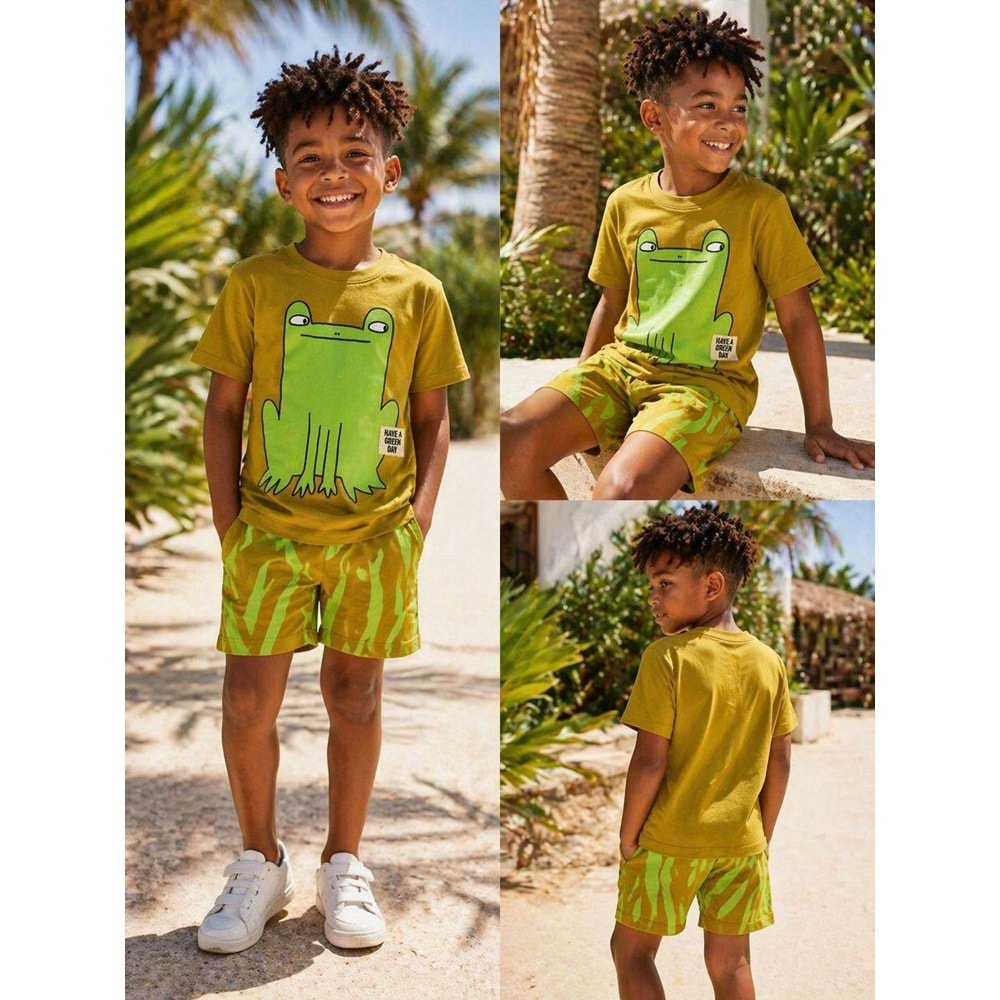 Sunny Frog Summer Set Sevimli Kurbağa Relaxed Alt Üst Takım - YEŞİL - 2-3 YAŞ