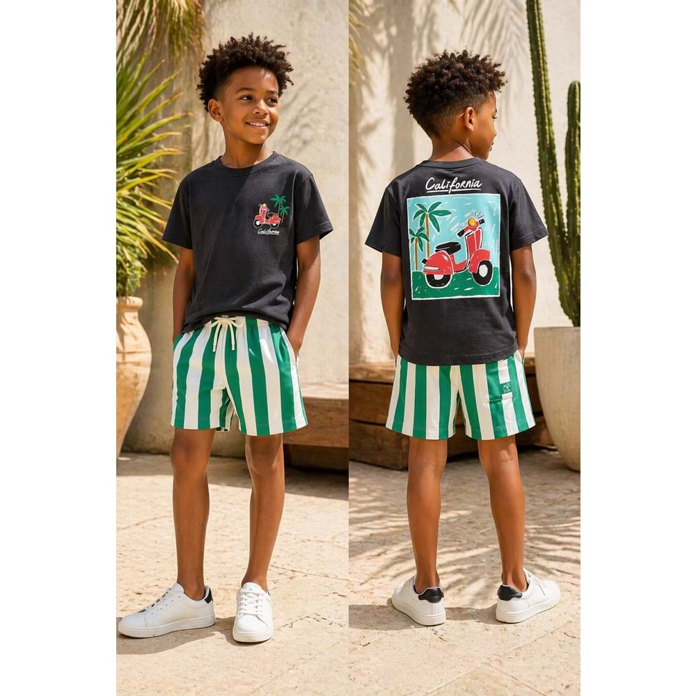 California Scooter Summer Set Blok Çizgili Şort / T-Shirt Takım - FÜME - 2-3 YAŞ