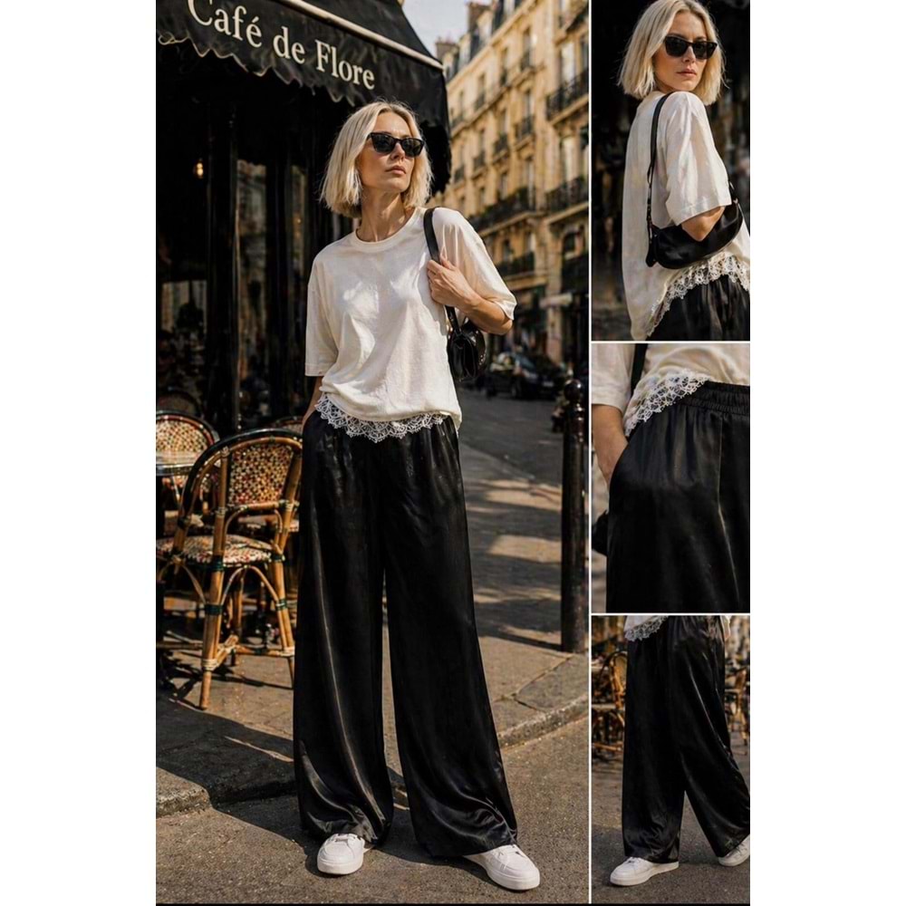 Silk Street Palazzo Saten Geniş Kesim Pantolon - SİYAH - L - ST01113-SİYAH-L