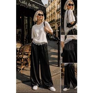 Silk Street Palazzo Saten Geniş Kesim Pantolon - SİYAH - L - ST01113-SİYAH-L