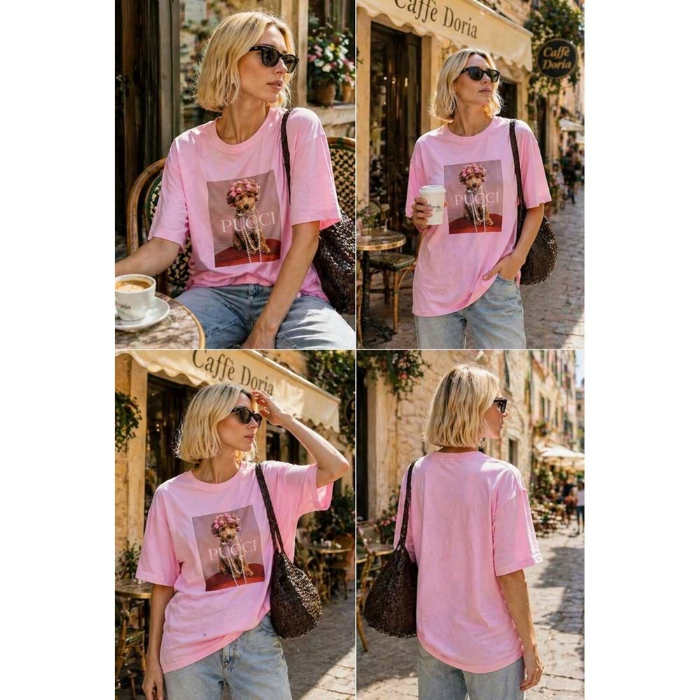 Pucci Süslü Premium Baskı Desen T-Shirt - PEMBE - L - ST01115-PEMBE-L