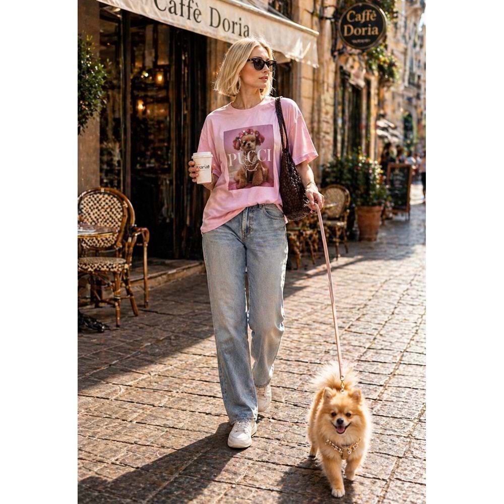 Pucci Süslü Premium Baskı Desen T-Shirt - PEMBE - L - ST01115-PEMBE-L