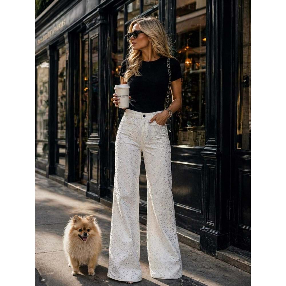 Shine Bright Like A Diamond Premium Ekru Parlak Jean / Kot Pantolon - BEYAZ - L - ST01118-BEYAZ-L