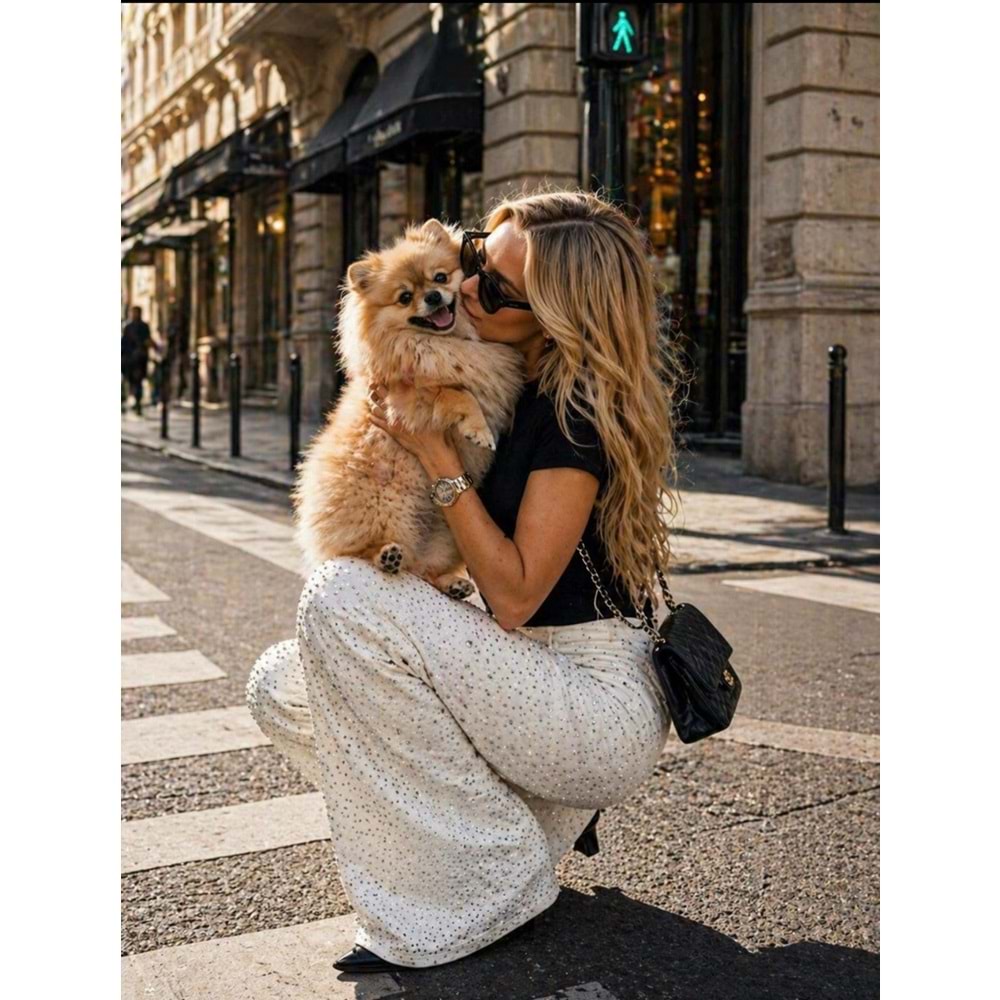 Shine Bright Like A Diamond Premium Ekru Parlak Jean / Kot Pantolon - BEYAZ - L - ST01118-BEYAZ-L