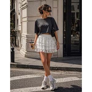 Daily Chic İç Şort Astarlı Katlı Hareketli Mini Etek Ekru - BEYAZ - L - ST01119-BEYAZ-L