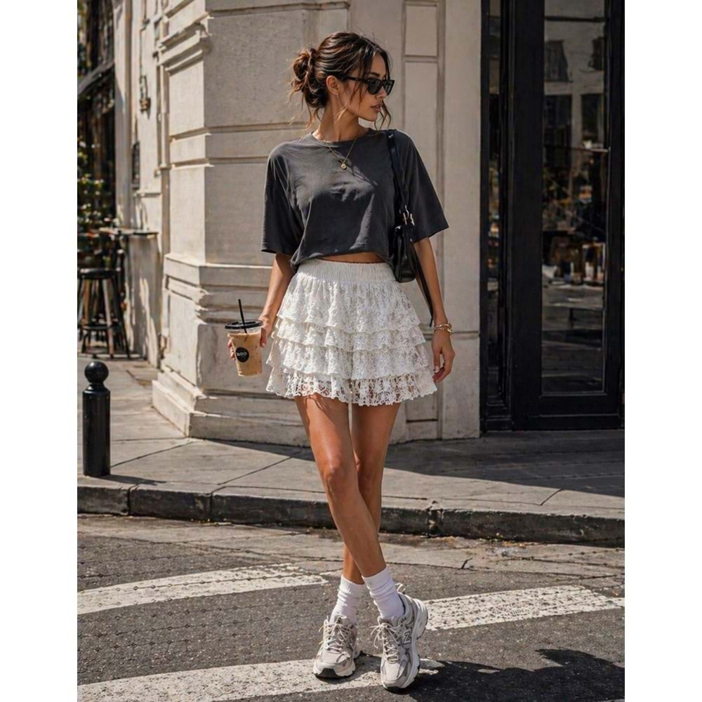 Daily Chic İç Şort Astarlı Katlı Hareketli Mini Etek Ekru - BEYAZ - L - ST01119-BEYAZ-L