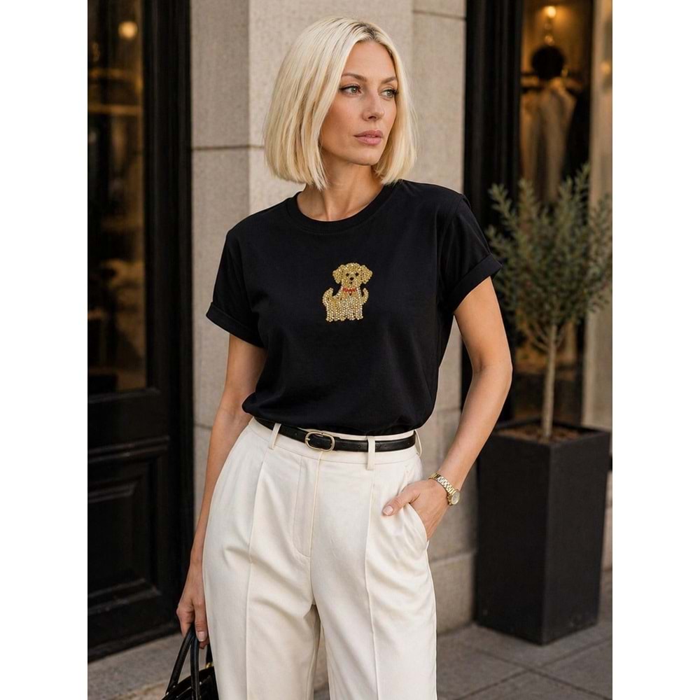 Taş Sarkıt Detaylı Premium T-Shirt - SİYAH - L - ST01120-SİYAH-L