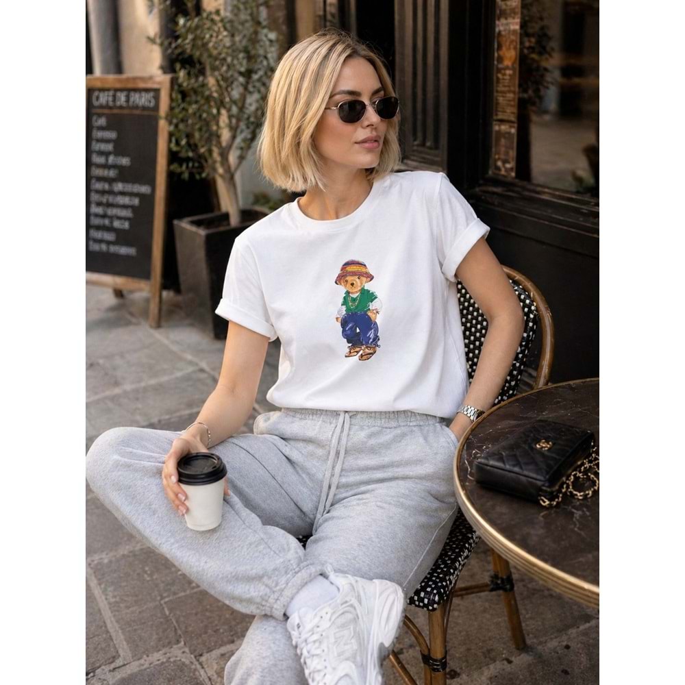 Icon Teddy Sevimli Ayıcık Baskılı T-Shirt - BEYAZ - S - ST01121-BEYAZ-S