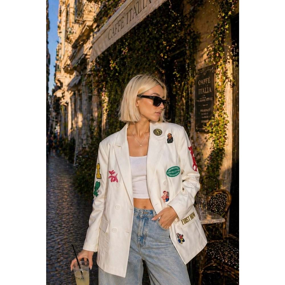 Patch Detaylı Oversize Blazer Ceket Beyaz Çift Düğmeli Street Style - BEYAZ - L - ST01125-BEYAZ-L