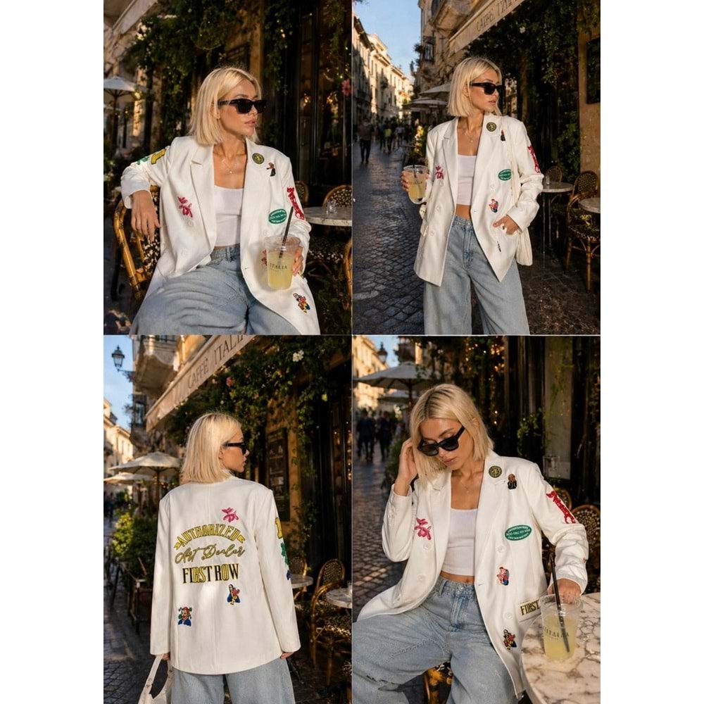 Patch Detaylı Oversize Blazer Ceket Beyaz Çift Düğmeli Street Style - BEYAZ - L - ST01125-BEYAZ-L