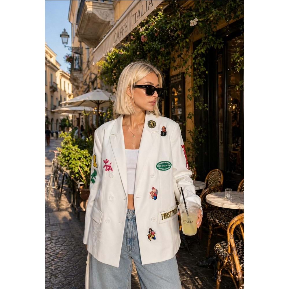 Patch Detaylı Oversize Blazer Ceket Beyaz Çift Düğmeli Street Style - BEYAZ - L - ST01125-BEYAZ-L