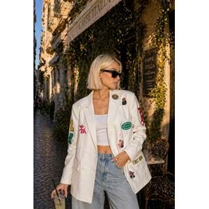 Patch Detaylı Oversize Blazer Ceket Beyaz Çift Düğmeli Street Style - BEYAZ - L - ST01125-BEYAZ-L