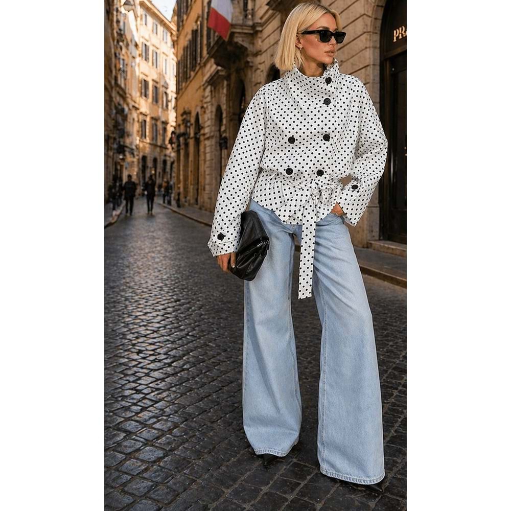 Pembe Puantiyeli Dik Yaka Detaylı Trençkot / Polkachic Belted Ceket - BEYAZ - M - ST01126-BEYAZ-M