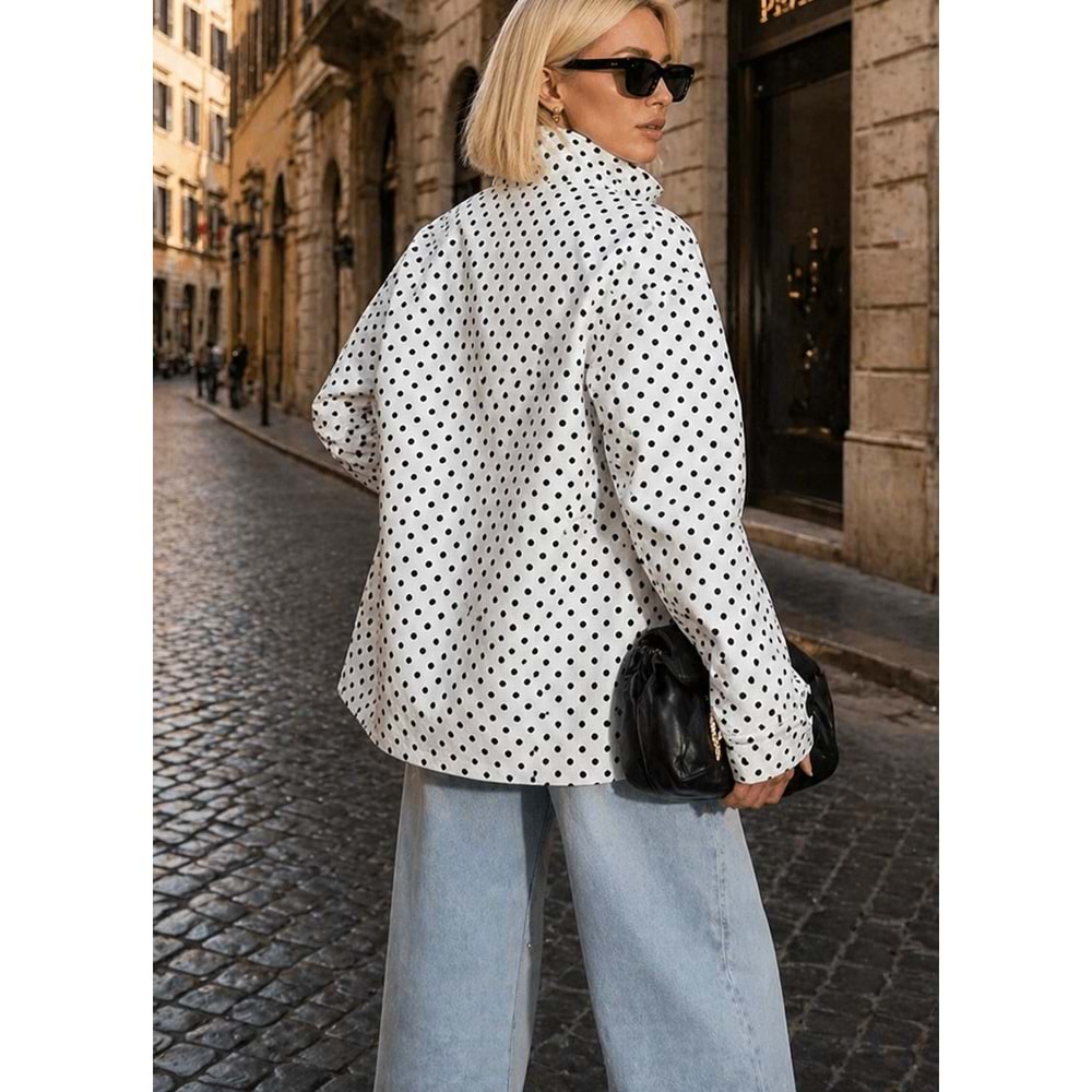 Pembe Puantiyeli Dik Yaka Detaylı Trençkot / Polkachic Belted Ceket - BEYAZ - M - ST01126-BEYAZ-M