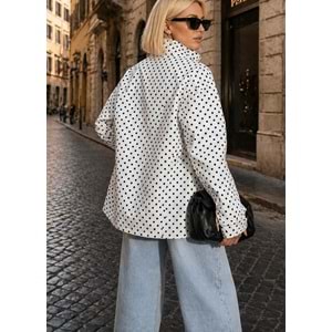 Pembe Puantiyeli Dik Yaka Detaylı Trençkot / Polkachic Belted Ceket - BEYAZ - M - ST01126-BEYAZ-M