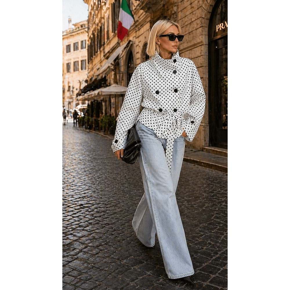 Pembe Puantiyeli Dik Yaka Detaylı Trençkot / Polkachic Belted Ceket - BEYAZ - M - ST01126-BEYAZ-M