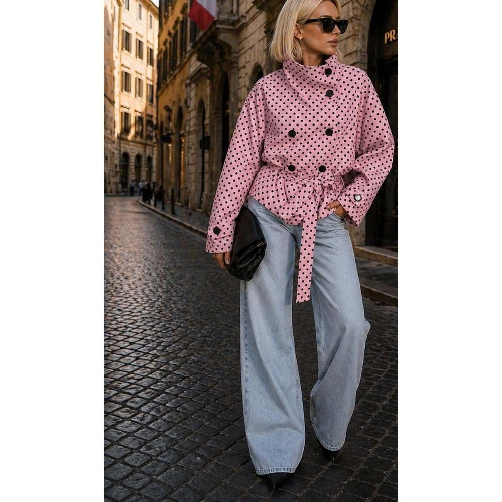 Pembe Puantiyeli Dik Yaka Detaylı Trençkot / Polkachic Belted Ceket - PEMBE - L - ST01126-PEMBE-L