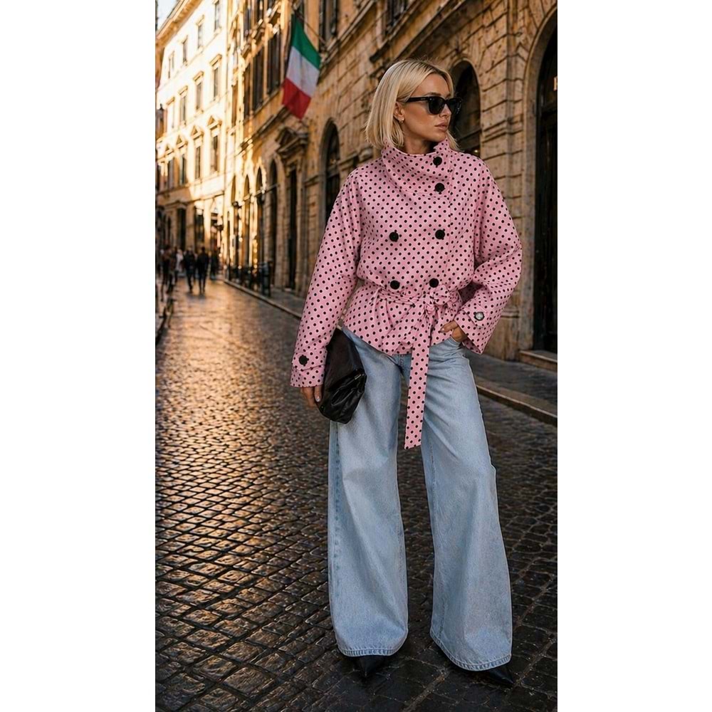 Pembe Puantiyeli Dik Yaka Detaylı Trençkot / Polkachic Belted Ceket - PEMBE - L - ST01126-PEMBE-L