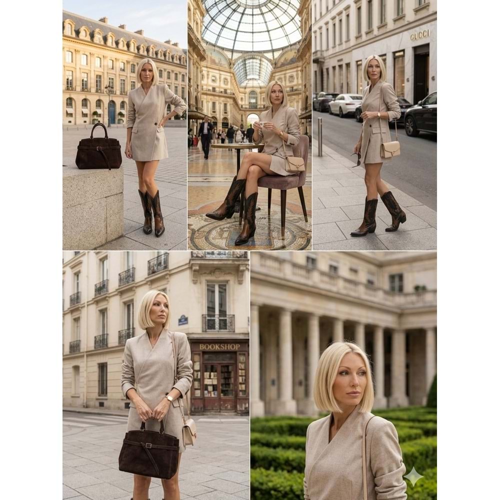 Luxury Collectrion Italyan Kesim Kruvaze Ceket - Etek Takım - BEJ - L - ST01127-BEJ-L