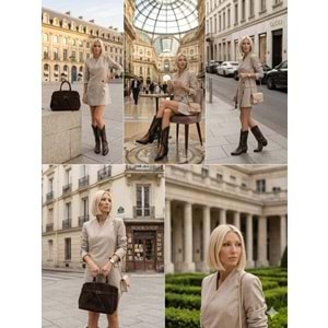 Luxury Collectrion Italyan Kesim Kruvaze Ceket - Etek Takım - BEJ - L - ST01127-BEJ-L