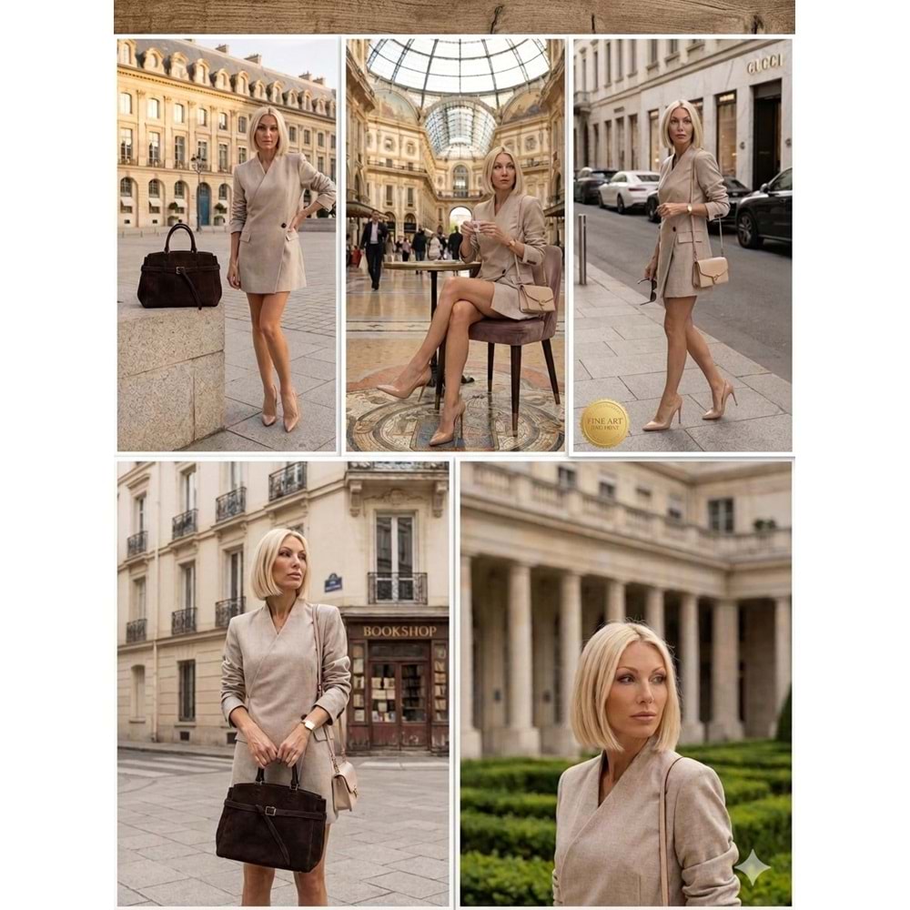 Luxury Collectrion Italyan Kesim Kruvaze Ceket - Etek Takım - BEJ - L - ST01127-BEJ-L