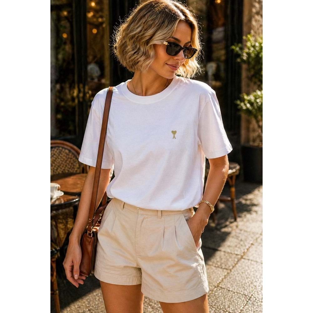 Premium Broş Detay Pamuklu T-Shirt - BEYAZ - L - ST01133-BEYAZ-L