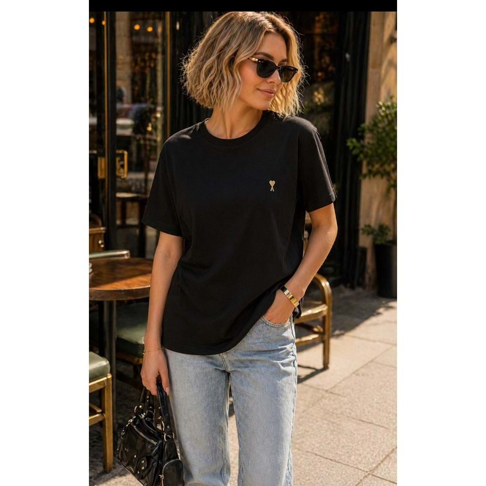 Premium Broş Detay Pamuklu T-Shirt - SİYAH - L - ST01133-SİYAH-L