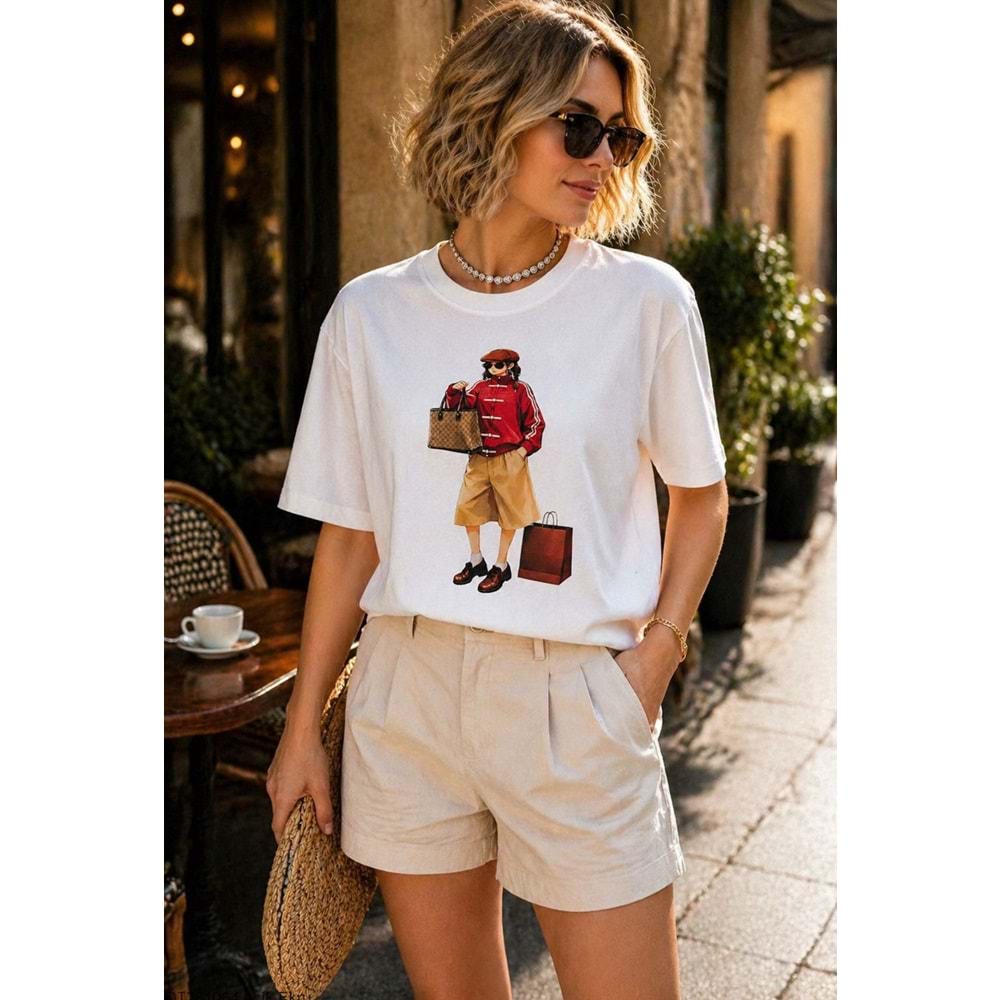 Yeni Sezon Premium Pamuklu City Girl Firgür Baskılı T-Shirt