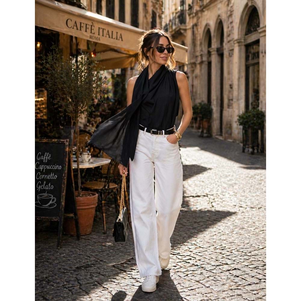 Luxe Drapeli Şal Yaka Sıfır Kol Bluz - SİYAH - L - ST01135-SİYAH-L