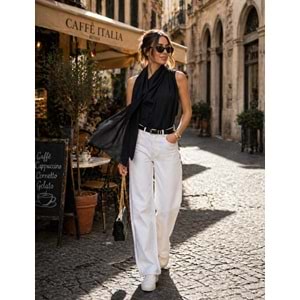 Luxe Drapeli Şal Yaka Sıfır Kol Bluz - SİYAH - L - ST01135-SİYAH-L