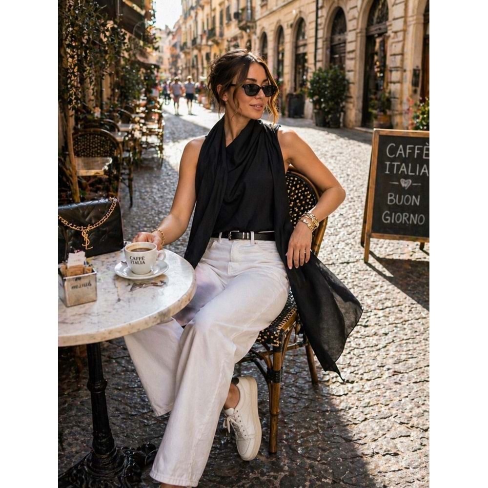 Luxe Drapeli Şal Yaka Sıfır Kol Bluz - SİYAH - L - ST01135-SİYAH-L