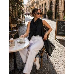 Luxe Drapeli Şal Yaka Sıfır Kol Bluz - SİYAH - L - ST01135-SİYAH-L