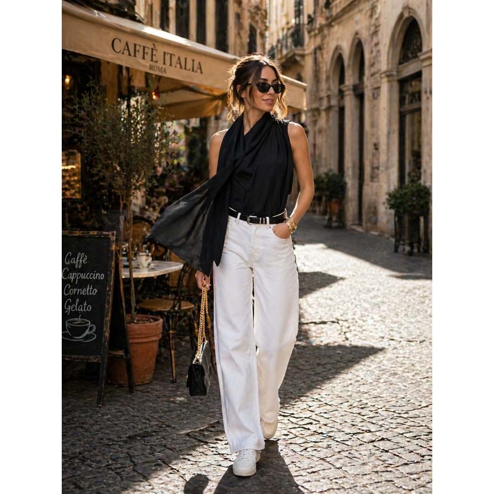 Luxe Drapeli Şal Yaka Sıfır Kol Bluz - SİYAH - L - ST01135-SİYAH-L