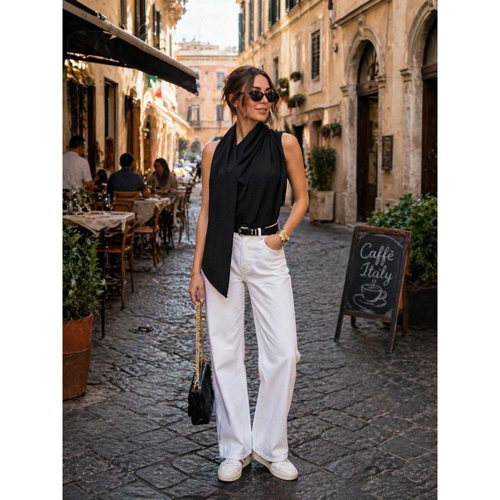 Luxe Drapeli Şal Yaka Sıfır Kol Bluz - SİYAH - L - ST01135-SİYAH-L