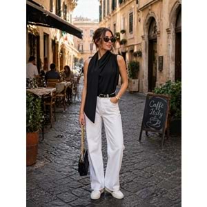 Luxe Drapeli Şal Yaka Sıfır Kol Bluz - SİYAH - L - ST01135-SİYAH-L