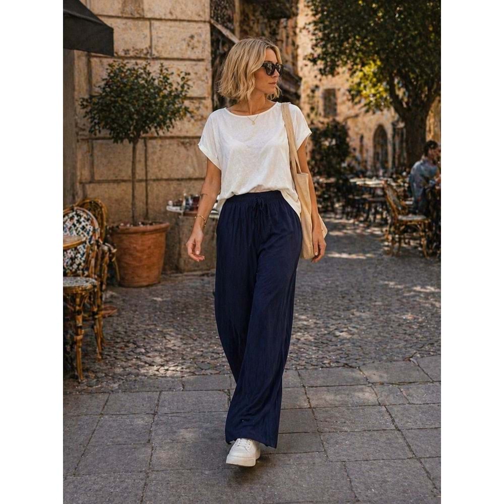 Ipeksi Dokunuş Soft Touch Navy Mavi Geniş Kesim Pantolon - LACİVERT - L - ST01142-LACİVERT-L