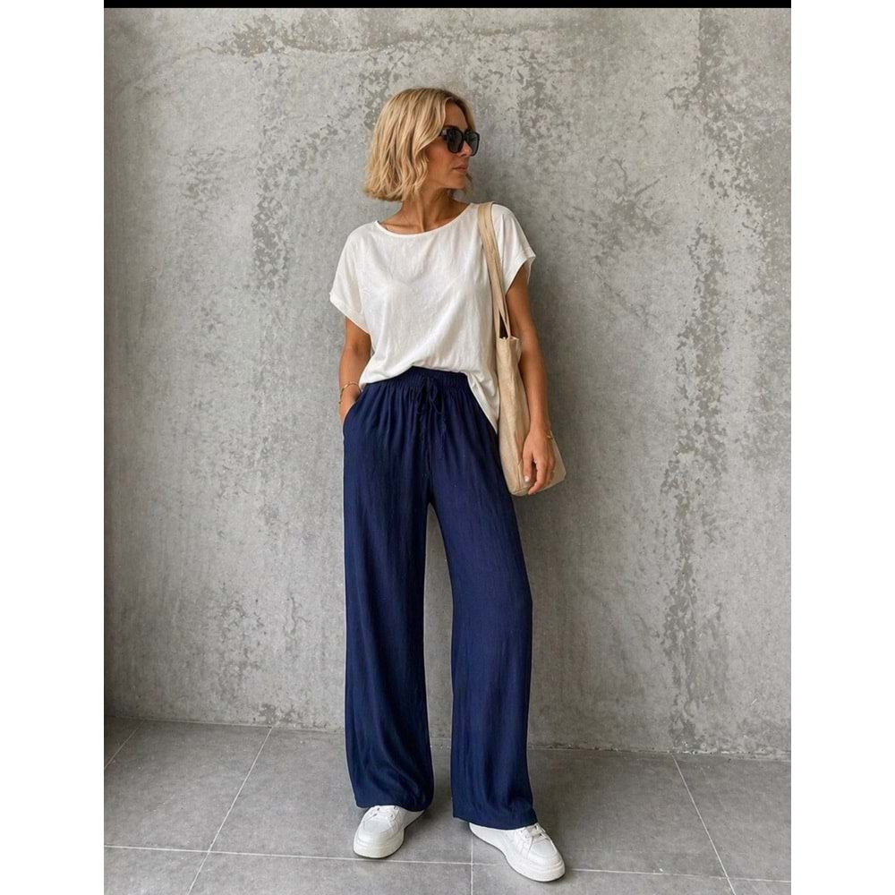 Ipeksi Dokunuş Soft Touch Navy Mavi Geniş Kesim Pantolon - LACİVERT - L - ST01142-LACİVERT-L
