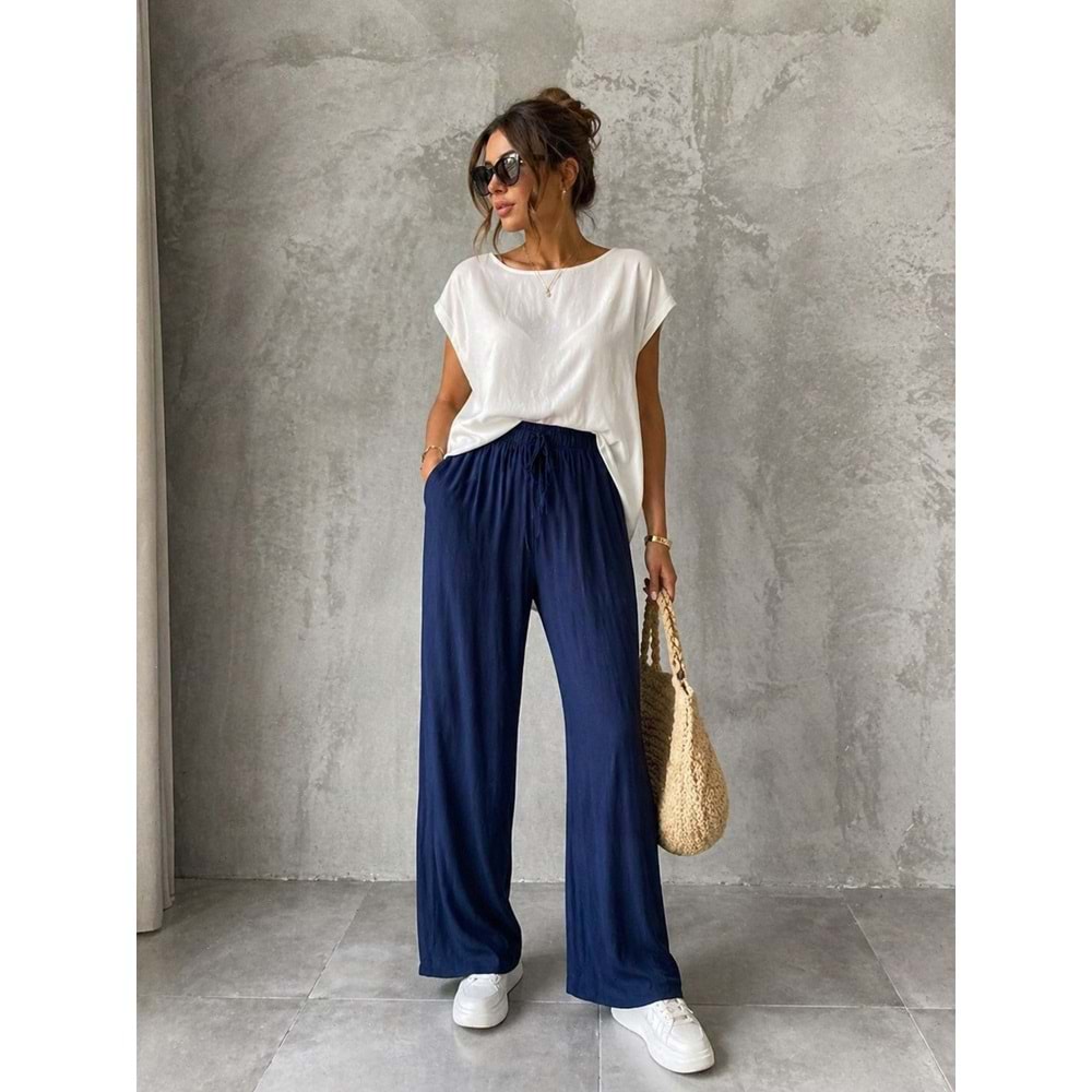Ipeksi Dokunuş Soft Touch Navy Mavi Geniş Kesim Pantolon - LACİVERT - L - ST01142-LACİVERT-L